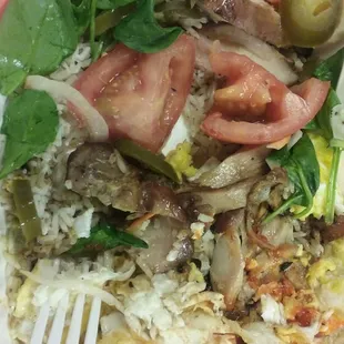 A liitle disheveled, but BBQ chicken, garlic rice, fried egg and tomato jajapeno salad, $8.25