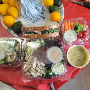 Harvest chicken salad,  turkey and ham sandwich, soup, fresh veggies