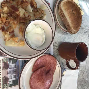 Perfectly poached eggs, toast, HF, pork roll and coffee $6.95