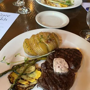 steak, potatoes, and asparagus