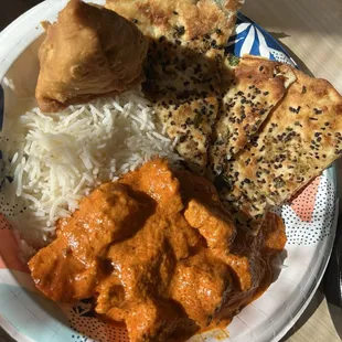 Butter Chicken, Garlic Naan, Samosa