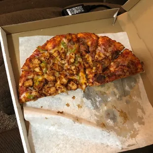 Half meat lovers and half Gateway Chicken BBQ Pizza