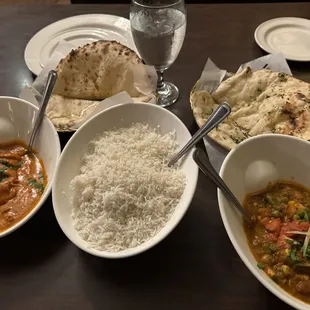Butter Chicken, Mixed Vegetable Curry, garlic and cheese curry