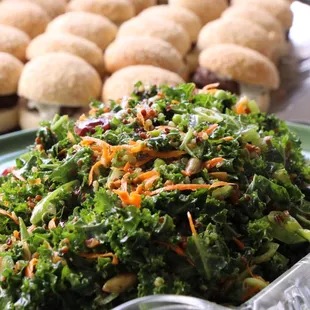 Kale salad and mini bacon burgers with blue cheese slather