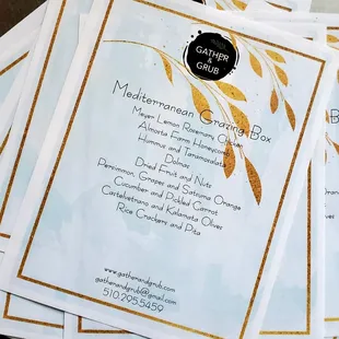 Gather and Grub's grazing tables in a box. Here's a menu from a customized Mediterranean grazing box.