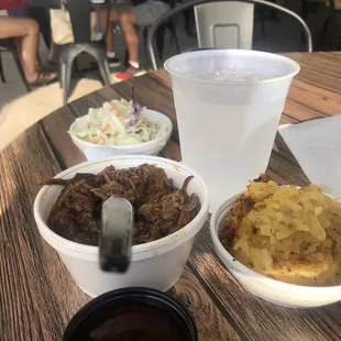 Shredded side of brisket, cheesy potatoes &amp; coleslaw