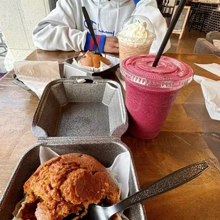 Pumpkin muffin, blueberry muffin, triple green berry smoothie, Flavored Cream Frappe