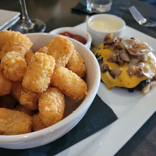 Gather Smash Burger - aged cheddar, caramelized onions, arugula, roasted garlic mayo, hand-cut fries (order GF without the bun)