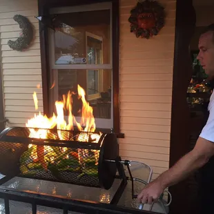 Chef Dave roasting chilis.