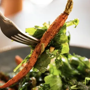 Roasted carrots, farm arugula, and vegan cashew cheese