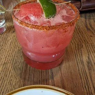 Watermelon margarita with tajin rim