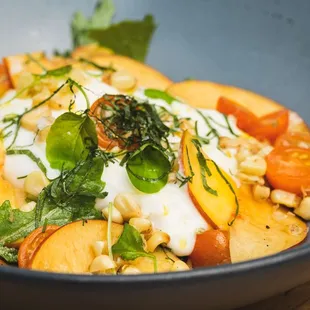 Burrrata salad with corn and peaches