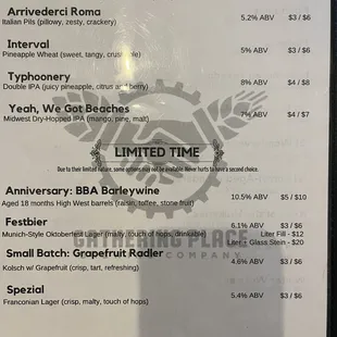 Menu beers