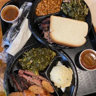 Brisket plate with collards &amp; beans; two meat plate (brisket &amp; sausage) with collards &amp; potato salad; yum!