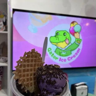 Ube flavor in a chocolate covered cone bowl