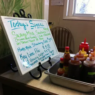 a tray of condiments on a counter