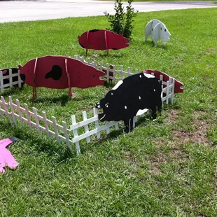 a group of farm animals in a fenced in area