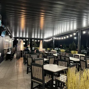 Outdoor patio seating at night is so fun