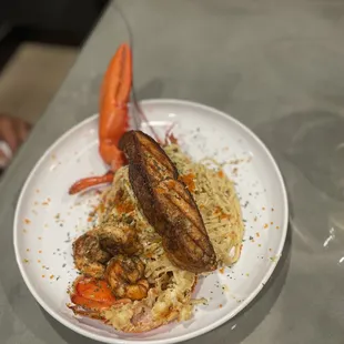 Lobster Alfredo w/ Garlic Shrimp Blackened Salmon