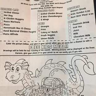 Kids Menu. Note: it includes a dessert snack, which is a rice krispy treat.
