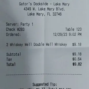 Got to Love Gators Dockside. Where else can you get two Whiskey doubles for this price. I can't even get this at the Alley.