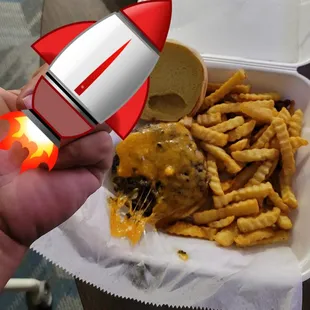 Dry over cooked burger, frozen store bought Idaho potatoes,  lame &amp; tasteless . I can cook better at my college apt. Robbed my $15.