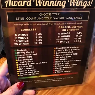 Wing menu flavors