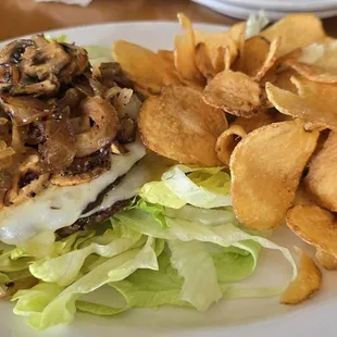 Build Your Own Double Smash Burger, no bun - $9.99 plus $1.29 per topping for cheese, sautéed onions and mushrooms