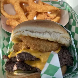 Gator burger and Onion Rings
