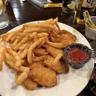 Fried shrimp and beer battered fries