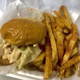 Classic burger combo with fries and homemade slaw