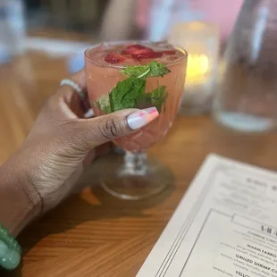 Greta's Punch   Mango infused vodka, giffard rhubarb, strawberry,ginger, mint, bubbles