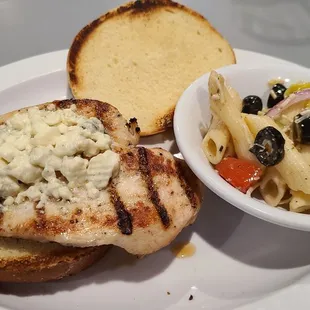 Tender Black and Blue Grilled Chicken with one side (pasta salad).
