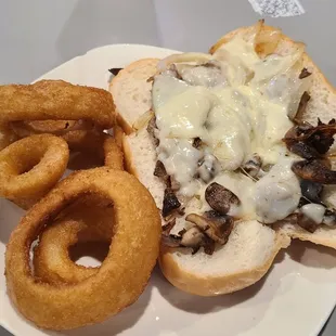 Philly Steak Sandwich with Onion Rings was good