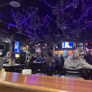 people sitting at tables in a bar