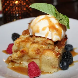 The Bread Pudding was made with brioche, vanilla custard, caramel rum sauce, &amp; vanilla gelato.