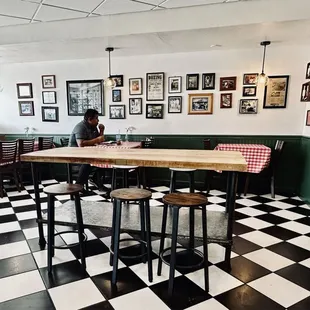 a black and white checkered floor