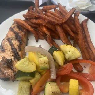 Grilled Salmon with Sauteed Veggies and Sweet Potato Fries
