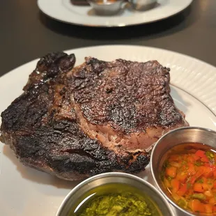 Grass Fed Ribeye Steak 10oz with chimichurri and &quot;parrillera&quot; sauces