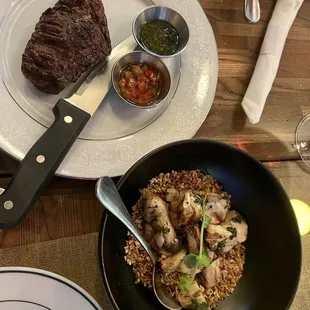 Mushrooms and wet aged wagyu flap steak