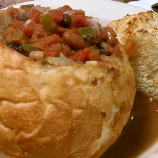 Sante Fe soup in a bread bowl.