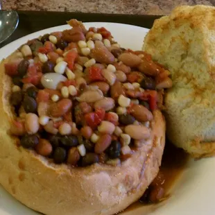 Santa Fe soup in a bread bowl.