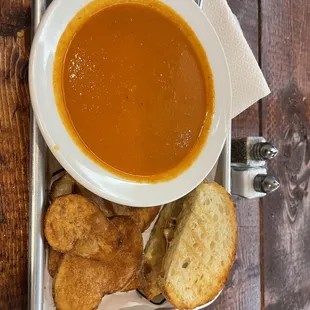 Cheese sandwich, tomato soup, and home made chips!