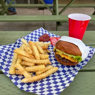 Blue cheese burger with fries!