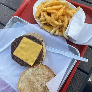 Cheese burger and cheese fries