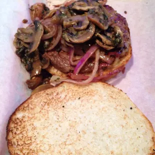 Old fashioned with grilled onions and sauted mushrooms.