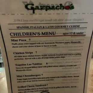 a menu for children's menu