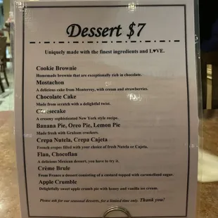 a menu for desserts