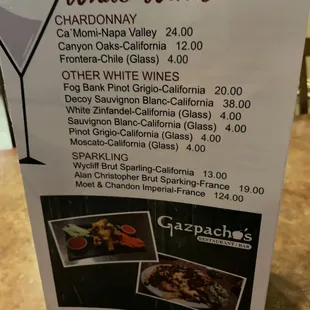 a menu for white wines