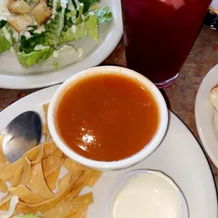 Azteca soup and a Sangria. I asked for the chopped up fruit in it and overall, it was refreshingly tasty.